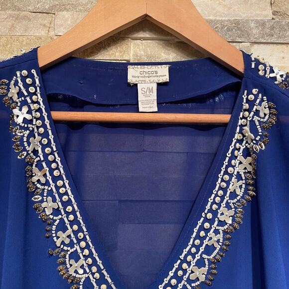 Chico’s Beaded Kaftan Top Coverup S/M | Sheer Blue Resortwear, Embellished Boho - Picture 5 of 8